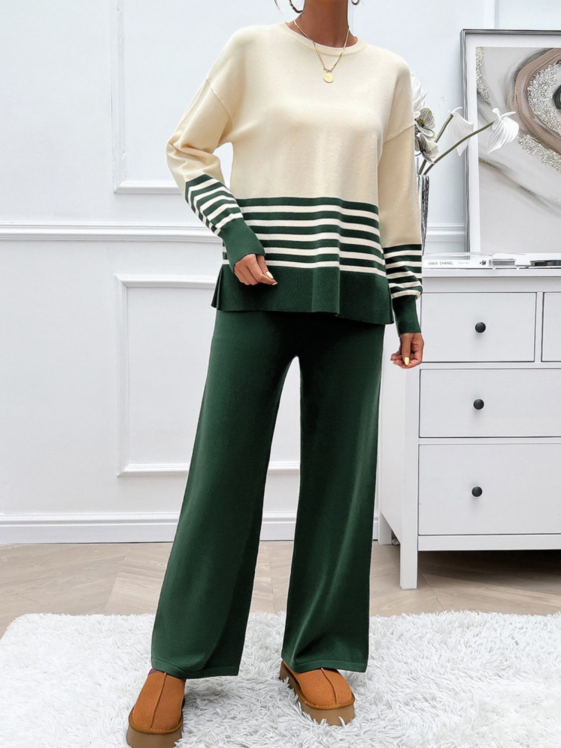 Stacey B's Devine Slit Striped Round Neck Top and Pants Sweater Set
