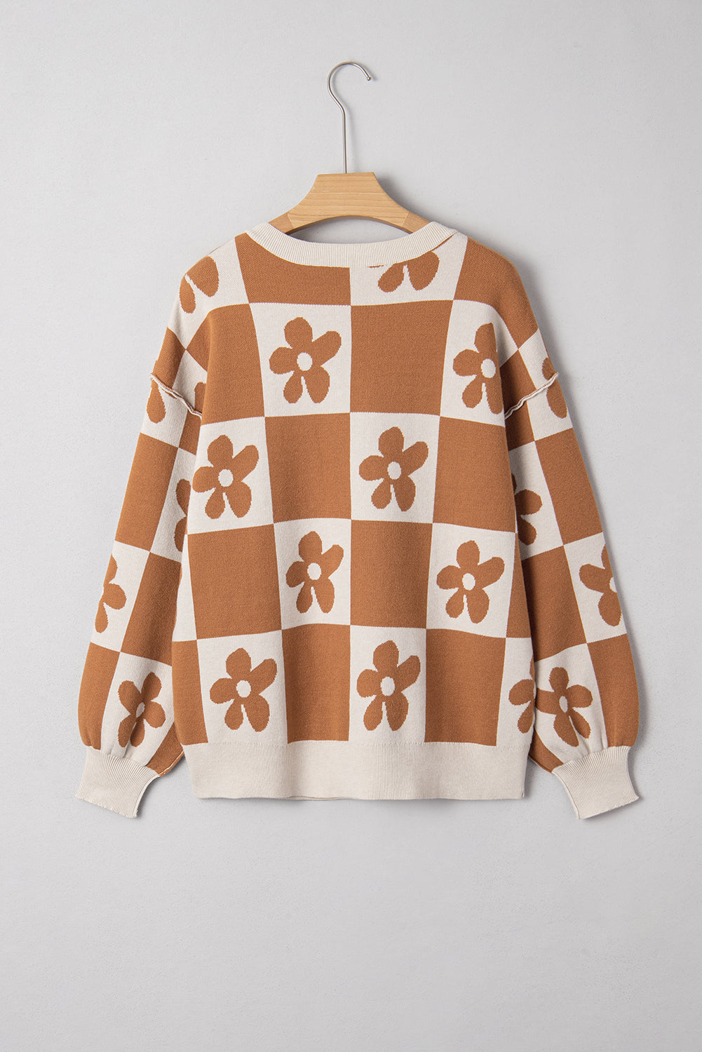 Stacey B's Black Flower Colorblock Checkered Henley Sweater