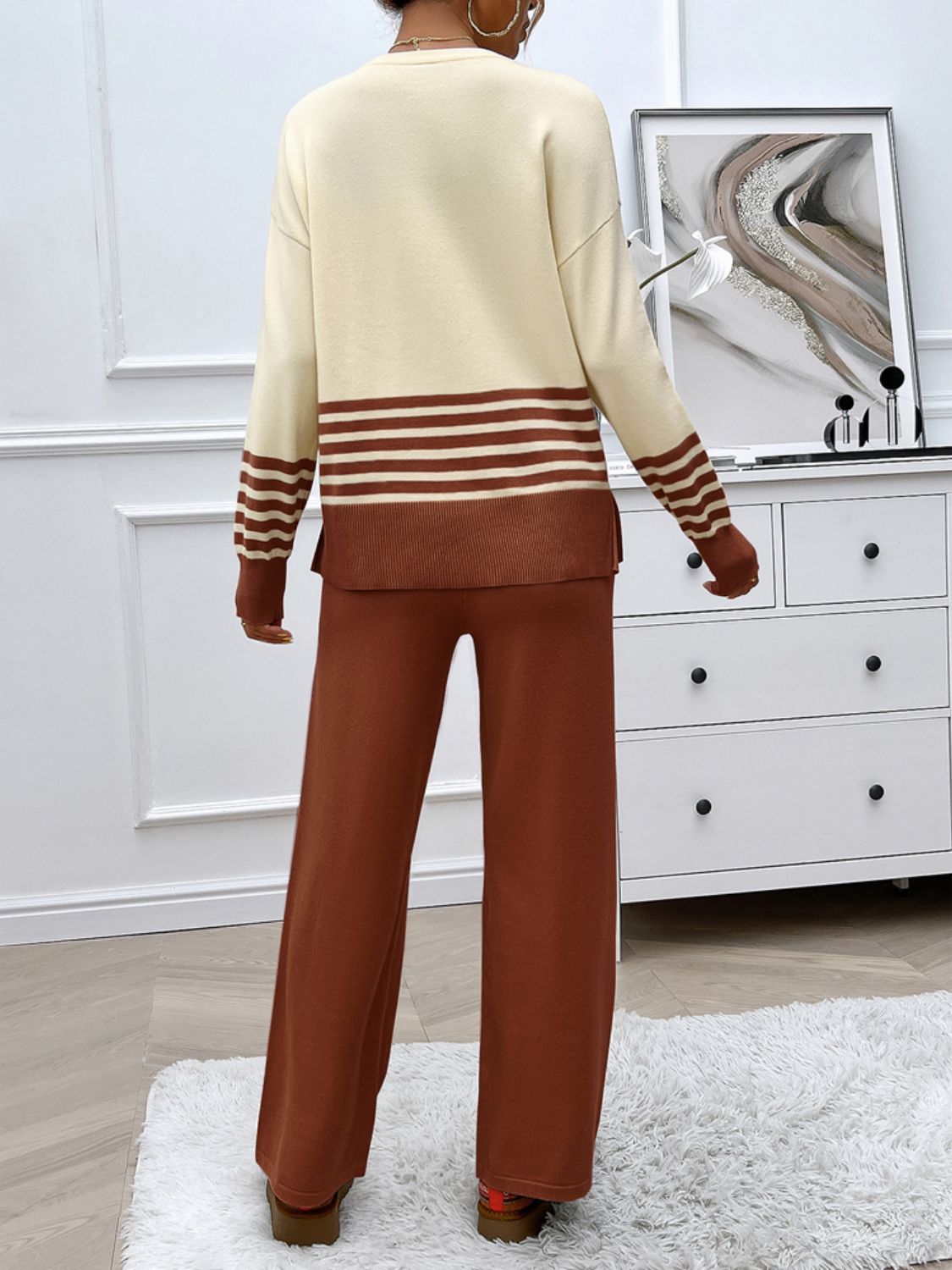 Stacey B's Devine Slit Striped Round Neck Top and Pants Sweater Set