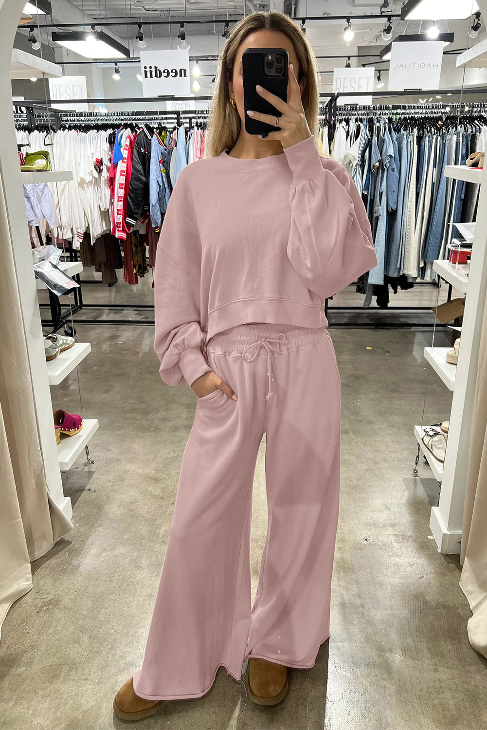 Stacey B's Bright Green Drop Shoulder Crop Pullover Drawstring Wide Leg Pants Set