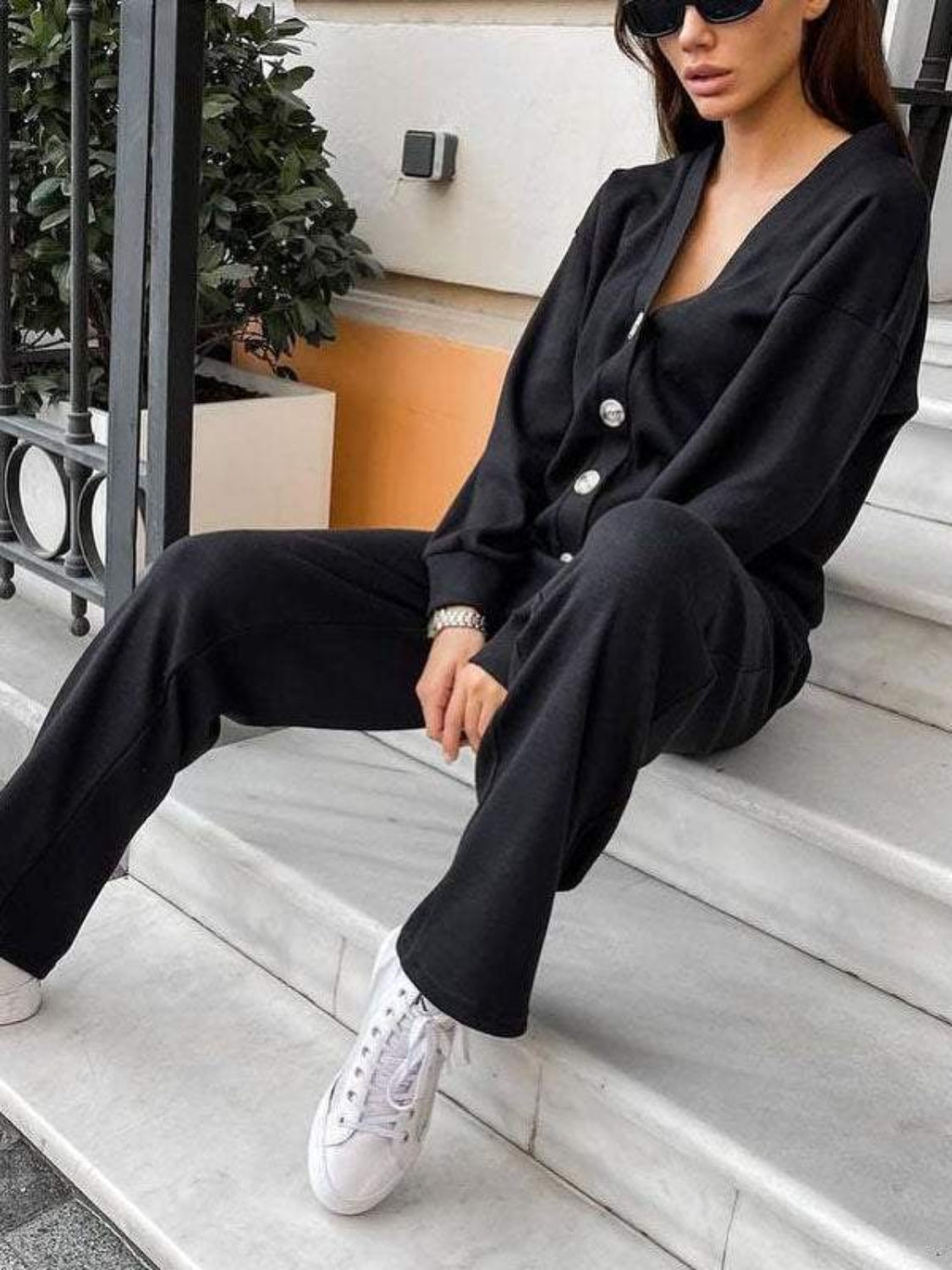 Stacey B's Full Size Button Up Long Sleeve Top and Pants Set