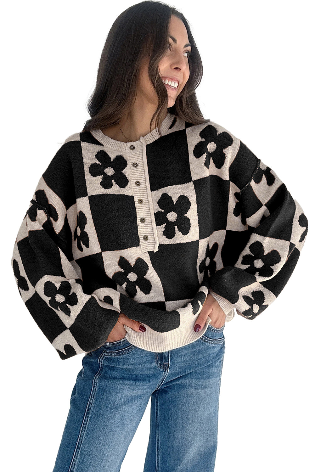 Stacey B's Black Flower Colorblock Checkered Henley Sweater
