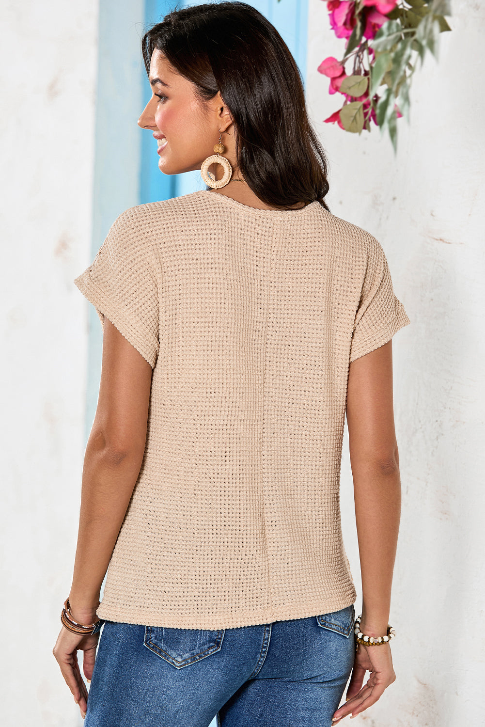 Stacey B's Oatmeal Lace Patchwork Waffle Short Sleeve Top