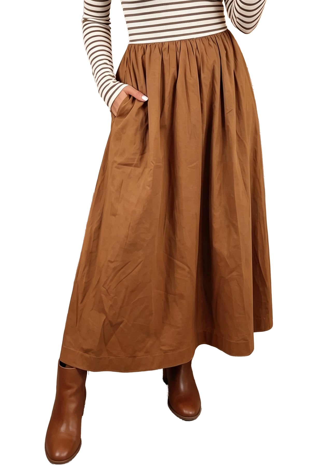 Stacey B's Brown Stripe Ribbed Knit Long Sleeve Bodice Contrast Patchwork Flared Dress