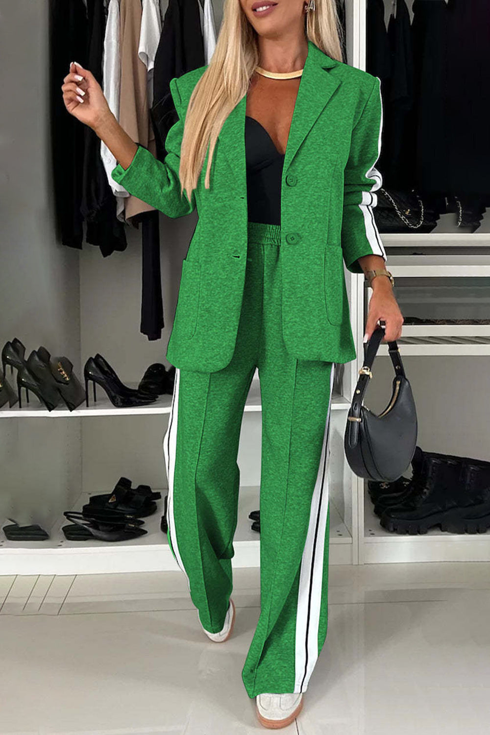 Stacey B's Full Size Contrast Lapel Collar Top and Pants Set