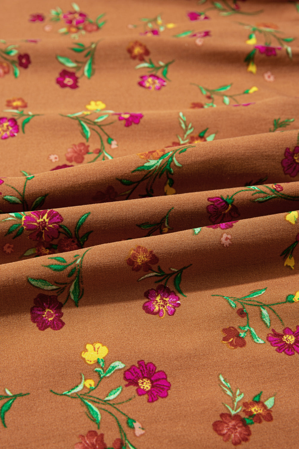 Stacey B's Brown Plus Size Floral Split V Neck Ruffled Sleeve Tiered Maxi Dress