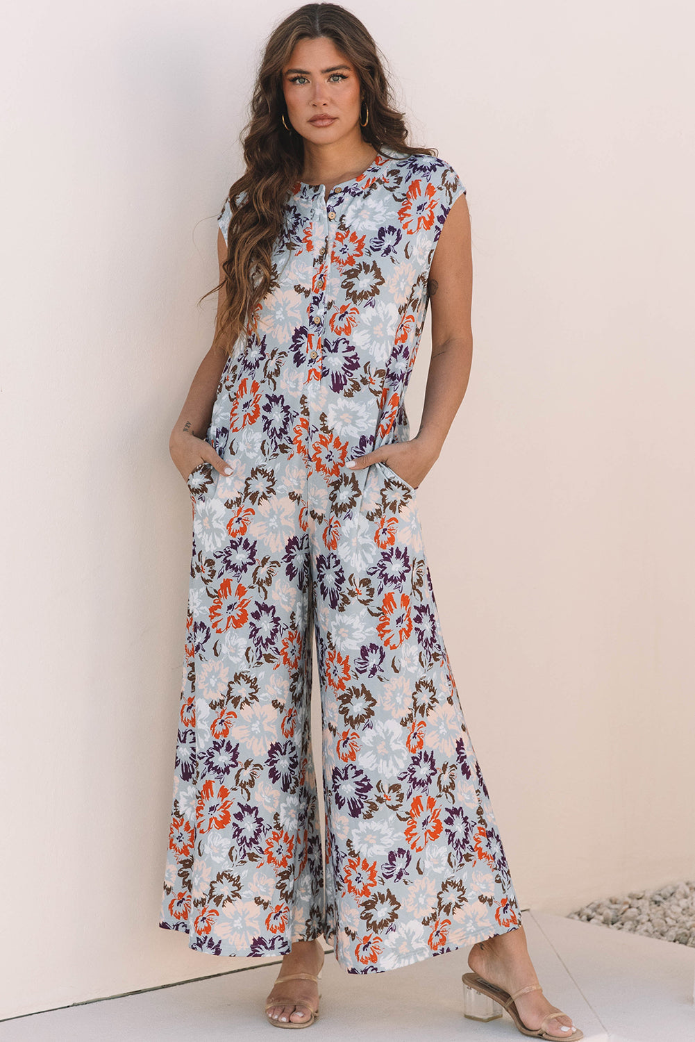Stacey B's Sky Blue Floral Sleeveless Buttoned Pocketed Wide Leg Jumpsuit
