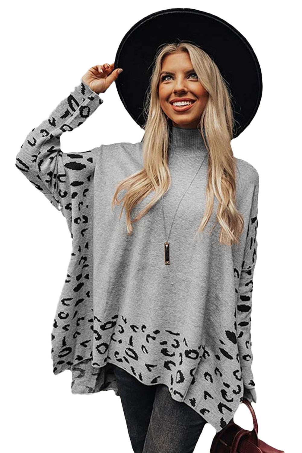 Stacey B's Khaki Leopard Casual Side Slit High Neck Oversized Sweater