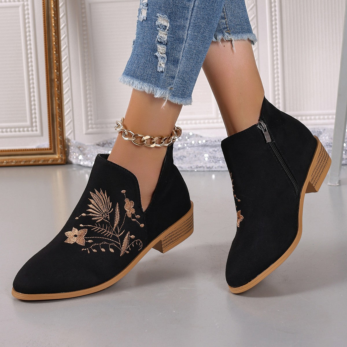 Stacey B's Embroidered Suede Point Toe Block Heel Boots