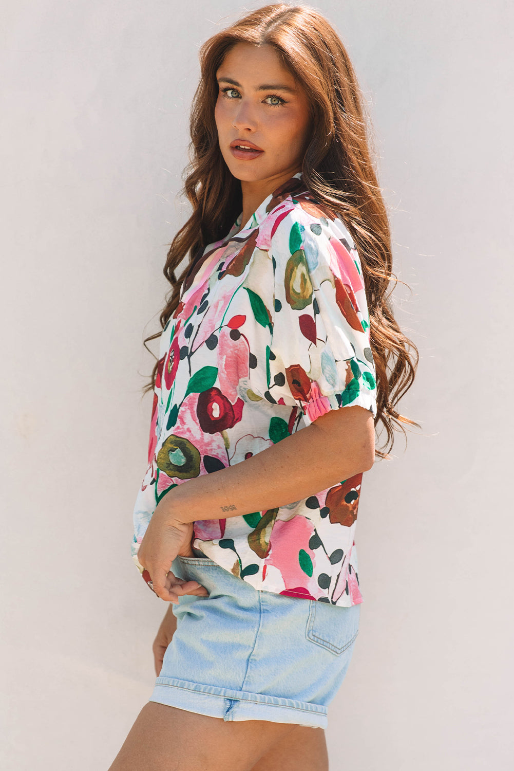 Stacey B's Pink Floral Print Slit V Neck Short Sleeve Blouse