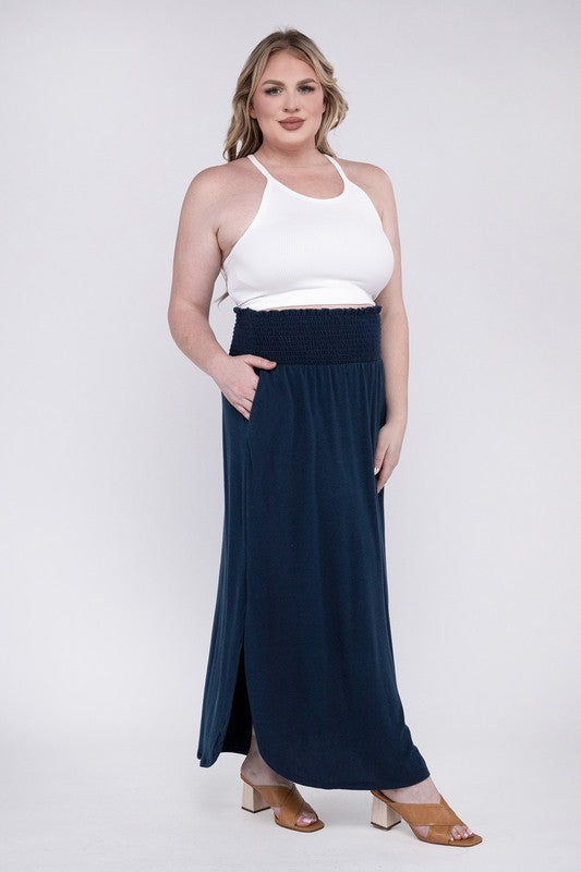 Stacey B's Plus Smocked Waist Side Slit Maxi Skirt w/ Pockets