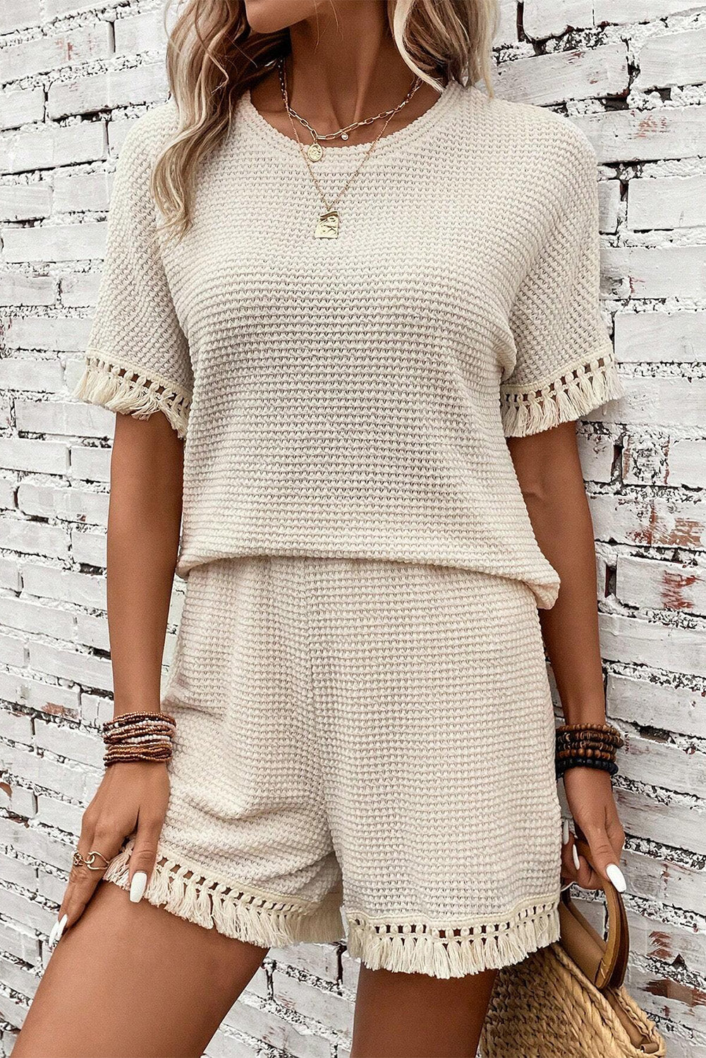 Stacey B's Beige Fringe Trim Waffle Knit Textured Shorts Set
