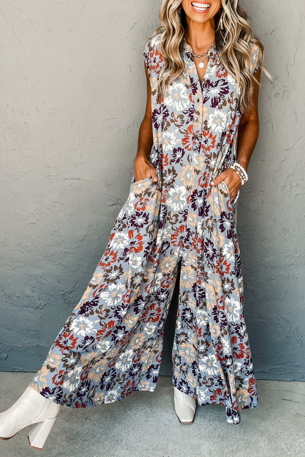 Stacey B's Sky Blue Floral Sleeveless Buttoned Pocketed Wide Leg Jumpsuit
