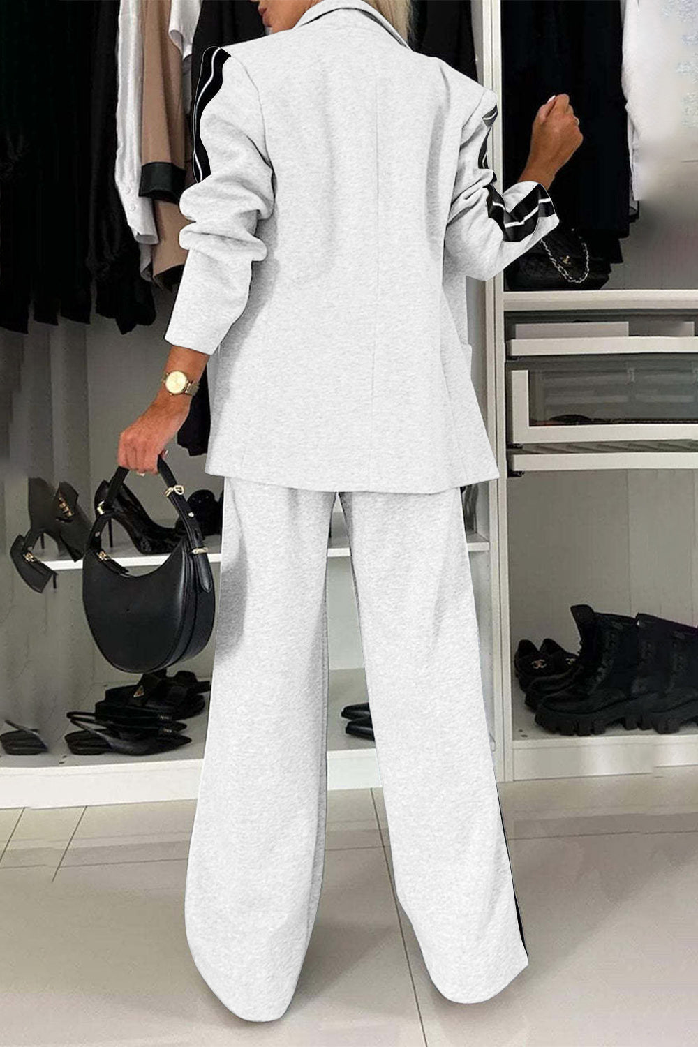 Stacey B's Full Size Contrast Lapel Collar Top and Pants Set