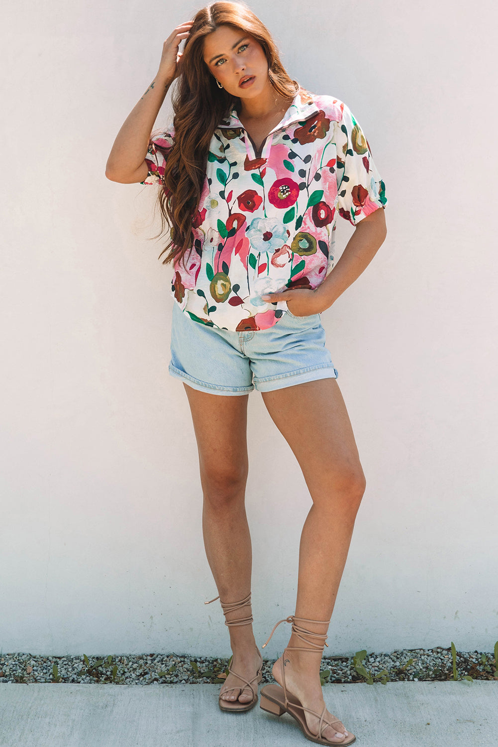 Stacey B's Pink Floral Print Slit V Neck Short Sleeve Blouse