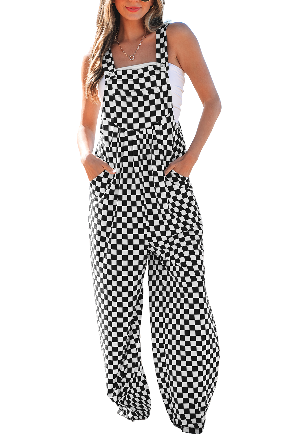 Stacey B's Black Checkered Print Pocketed Wide Leg Jumpsuit