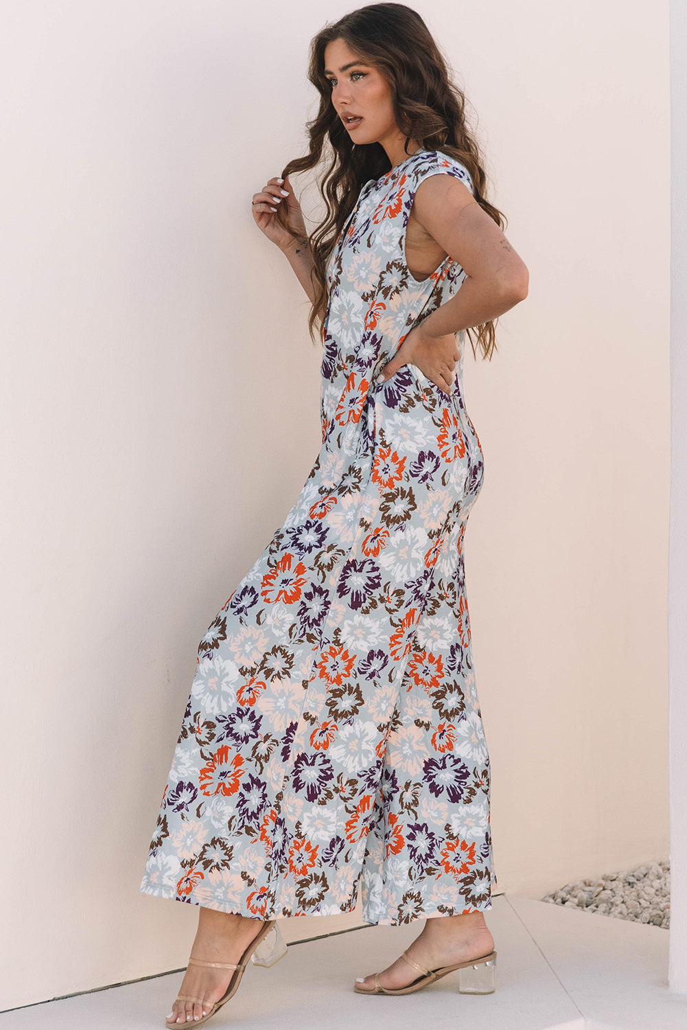 Stacey B's Sky Blue Floral Sleeveless Buttoned Pocketed Wide Leg Jumpsuit