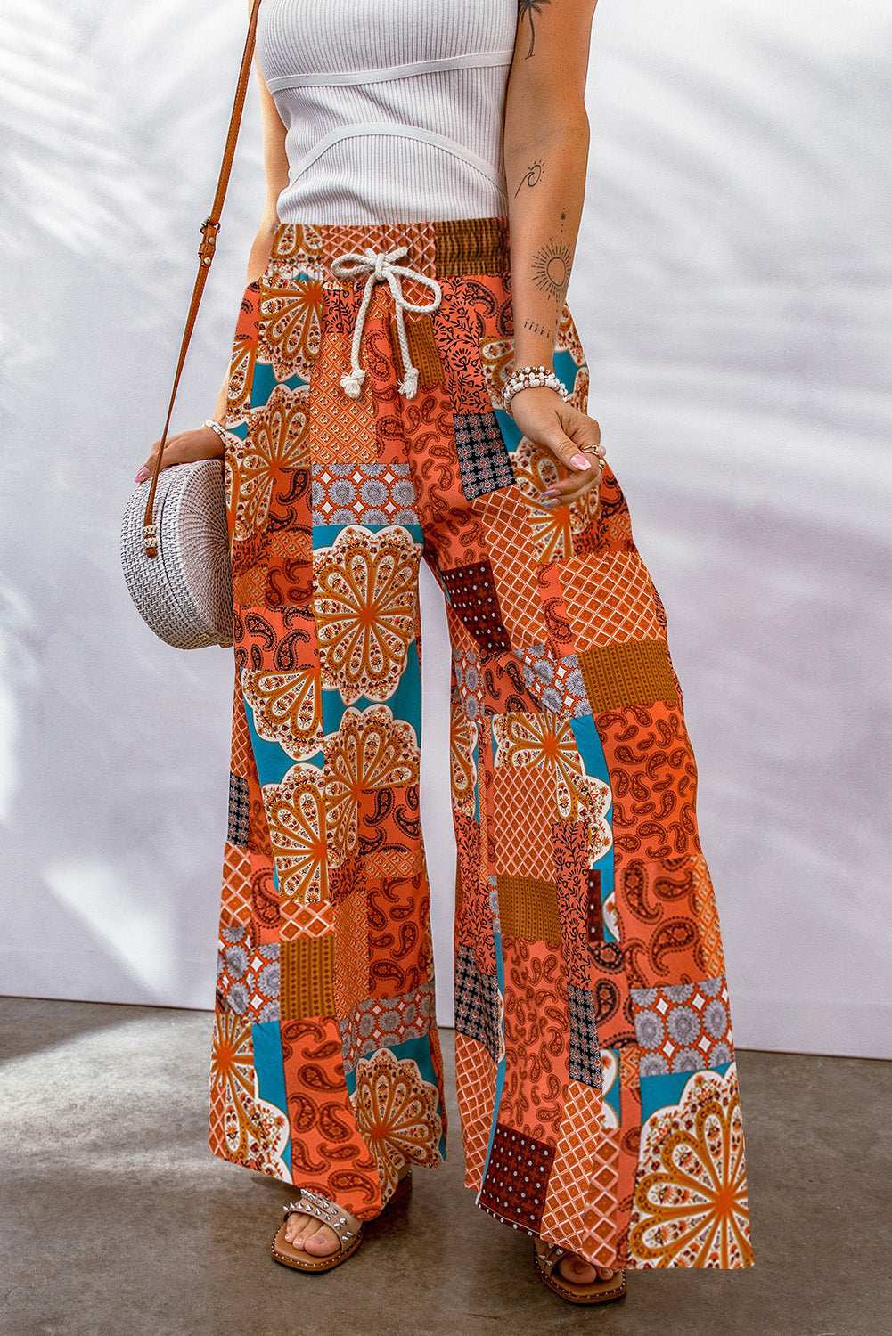 Stacey B's Bohemian Patchwork Drawstring Wide Leg Pants