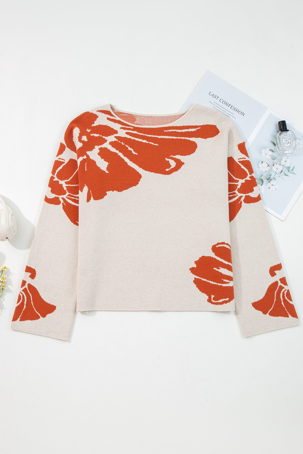 Stacey B's Beige Bold Flower Pattern Wide Sleeve Baggy Sweater