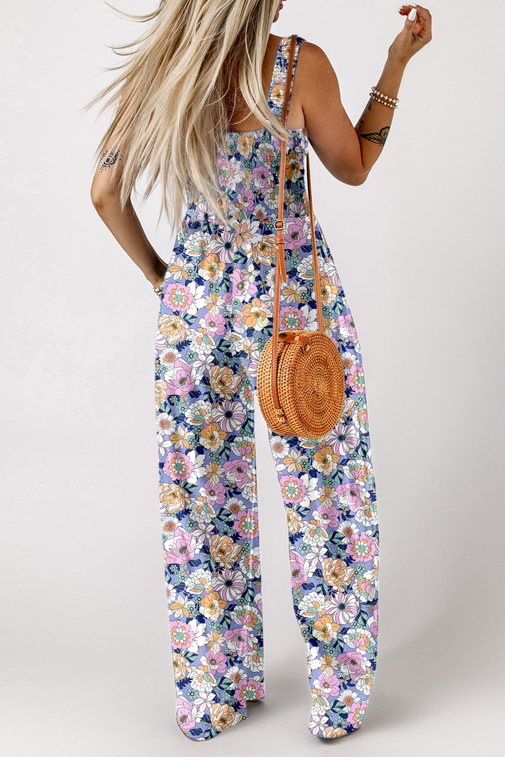 Stacey B's Purple Floral Print Smocked High Waist Square Neck Jumpsuit
