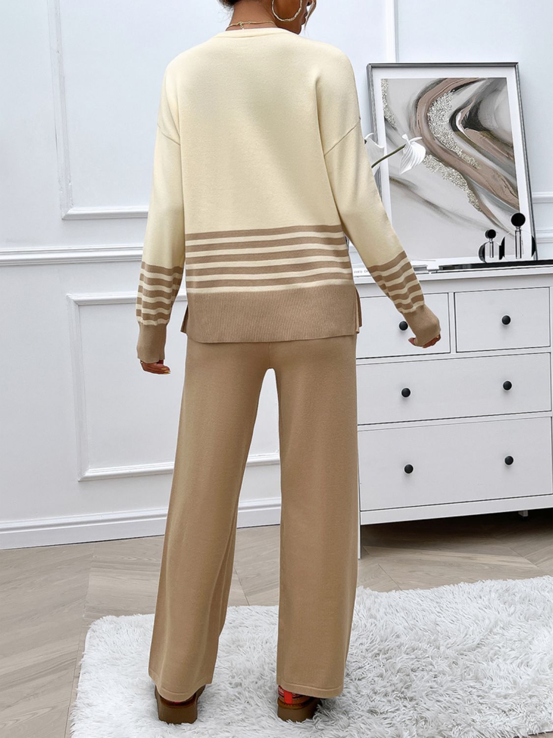 Stacey B's Devine Slit Striped Round Neck Top and Pants Sweater Set