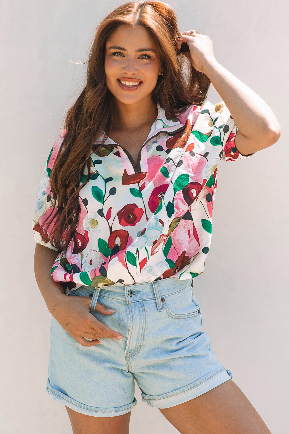 Stacey B's Pink Floral Print Slit V Neck Short Sleeve Blouse