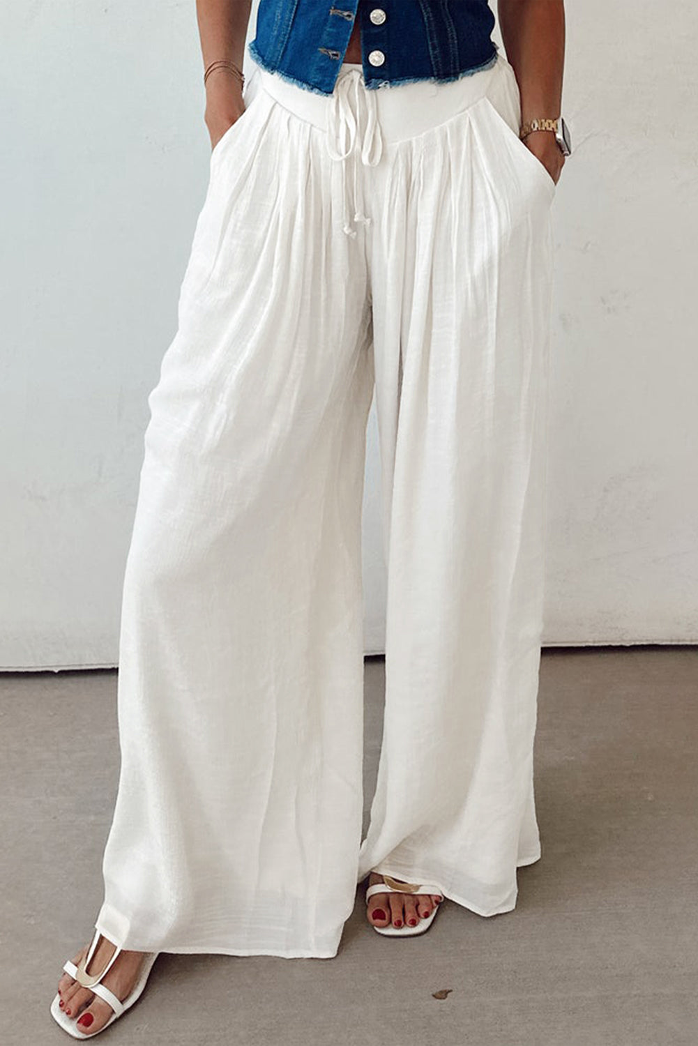 Stacey B's White Solid Drop Waist Pleated Wide Leg Casual Pants