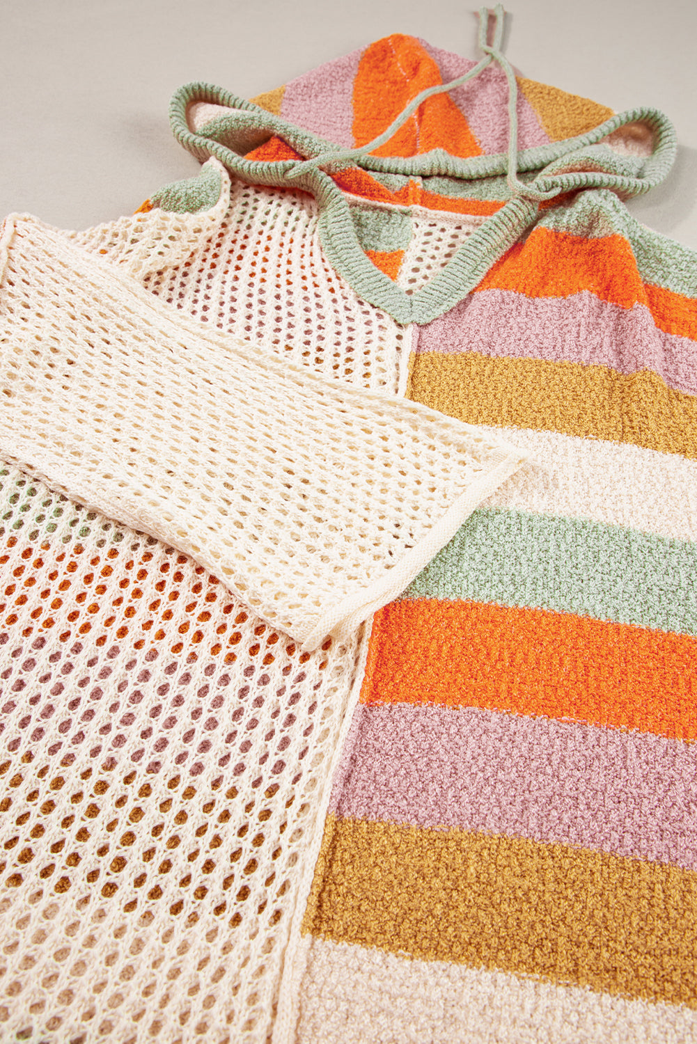 Stacey B's Beige Oversized Colorblock V Neck Hooded Sweater