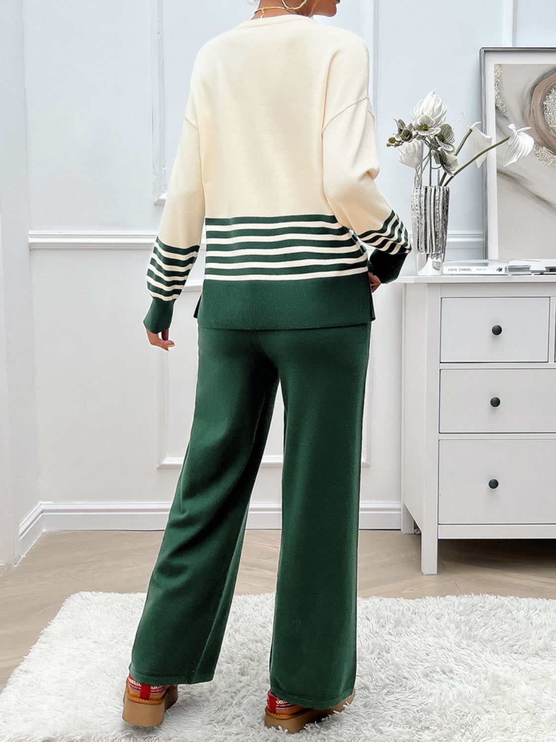 Stacey B's Devine Slit Striped Round Neck Top and Pants Sweater Set