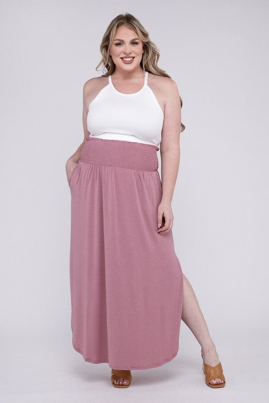 Stacey B's Plus Smocked Waist Side Slit Maxi Skirt w/ Pockets