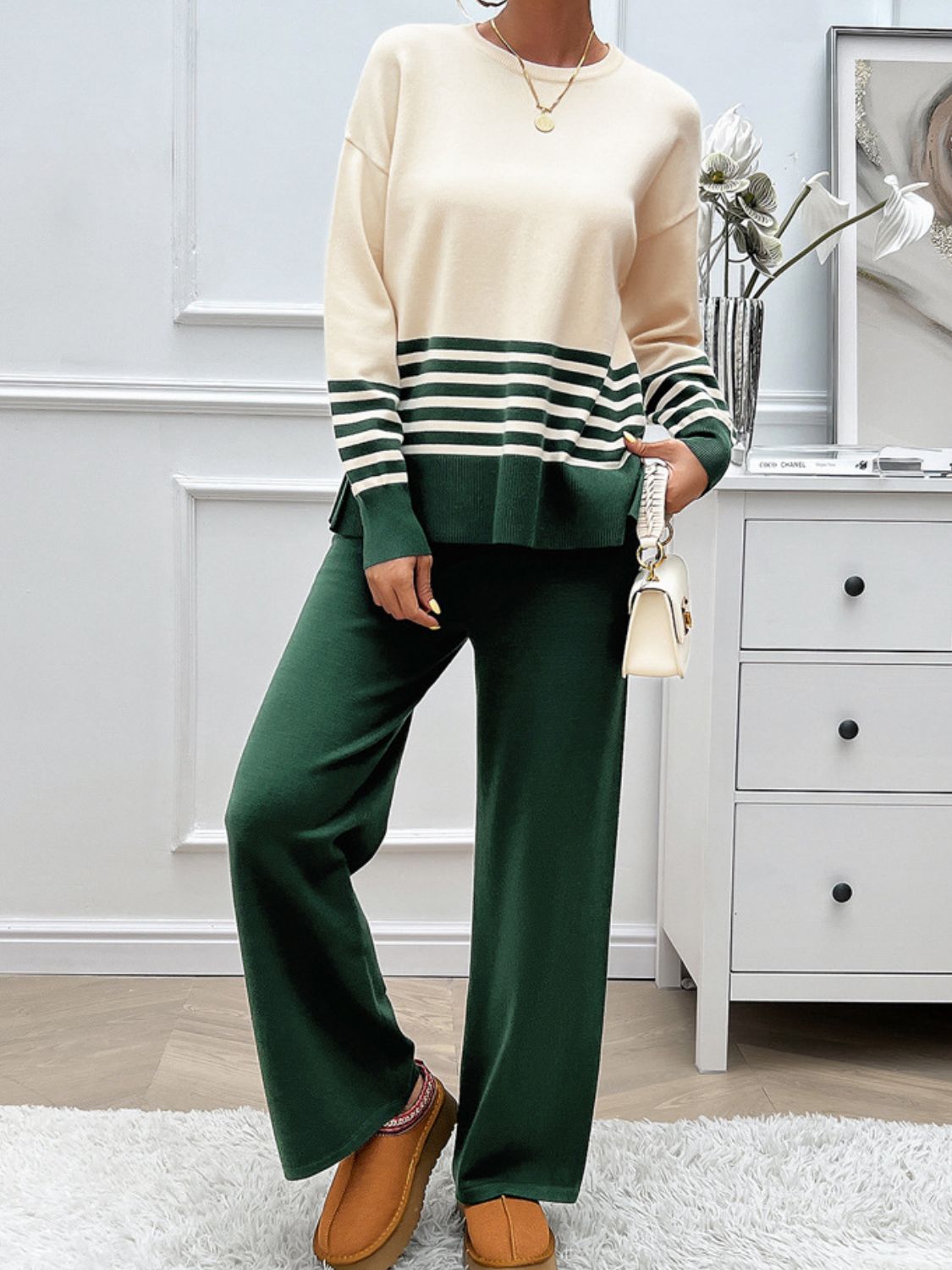 Stacey B's Devine Slit Striped Round Neck Top and Pants Sweater Set