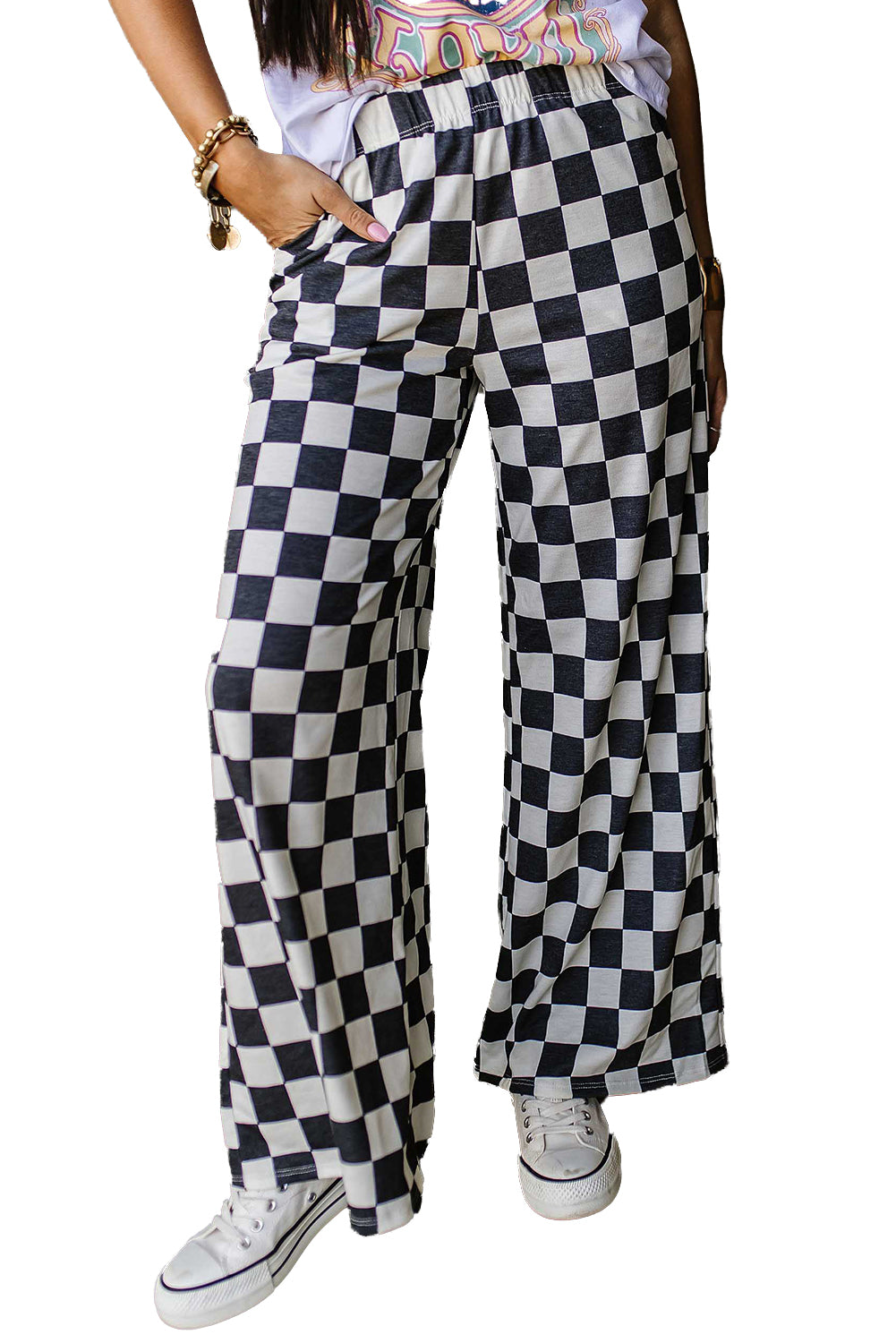 Stacey B's Bonbon Checkered Print High Waist Wide Leg Pants