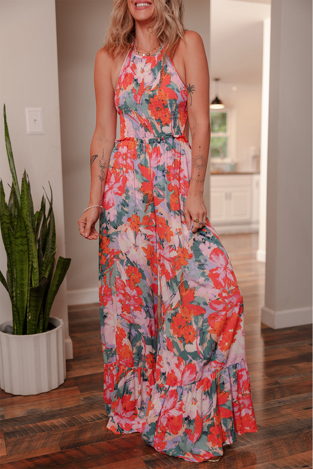 Stacey B's Multicolour Floral Print Smocked Halter Neck Sleeveless Wide Leg Jumpsuit