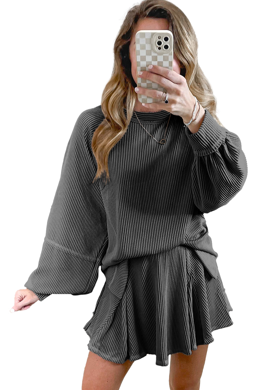 Stacey B's Jet Stream Corded Lantern Sleeve Pullover and Ruffle Mini Skirt Set