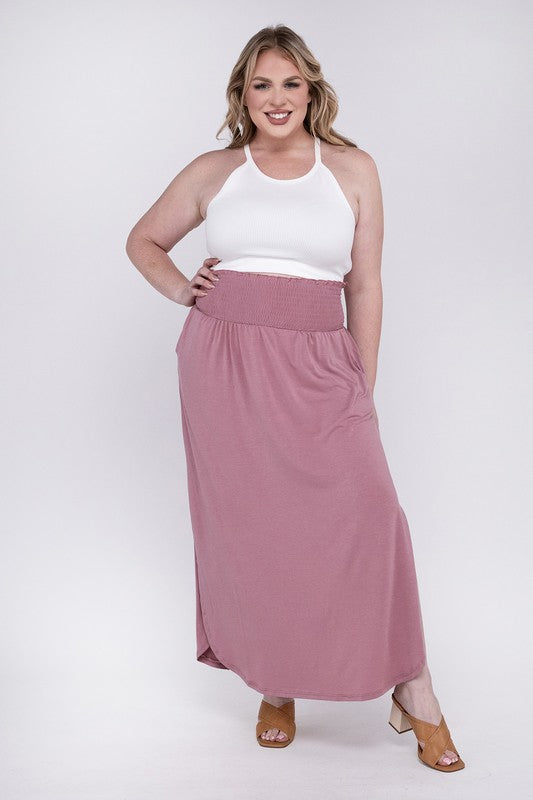 Stacey B's Plus Smocked Waist Side Slit Maxi Skirt w/ Pockets