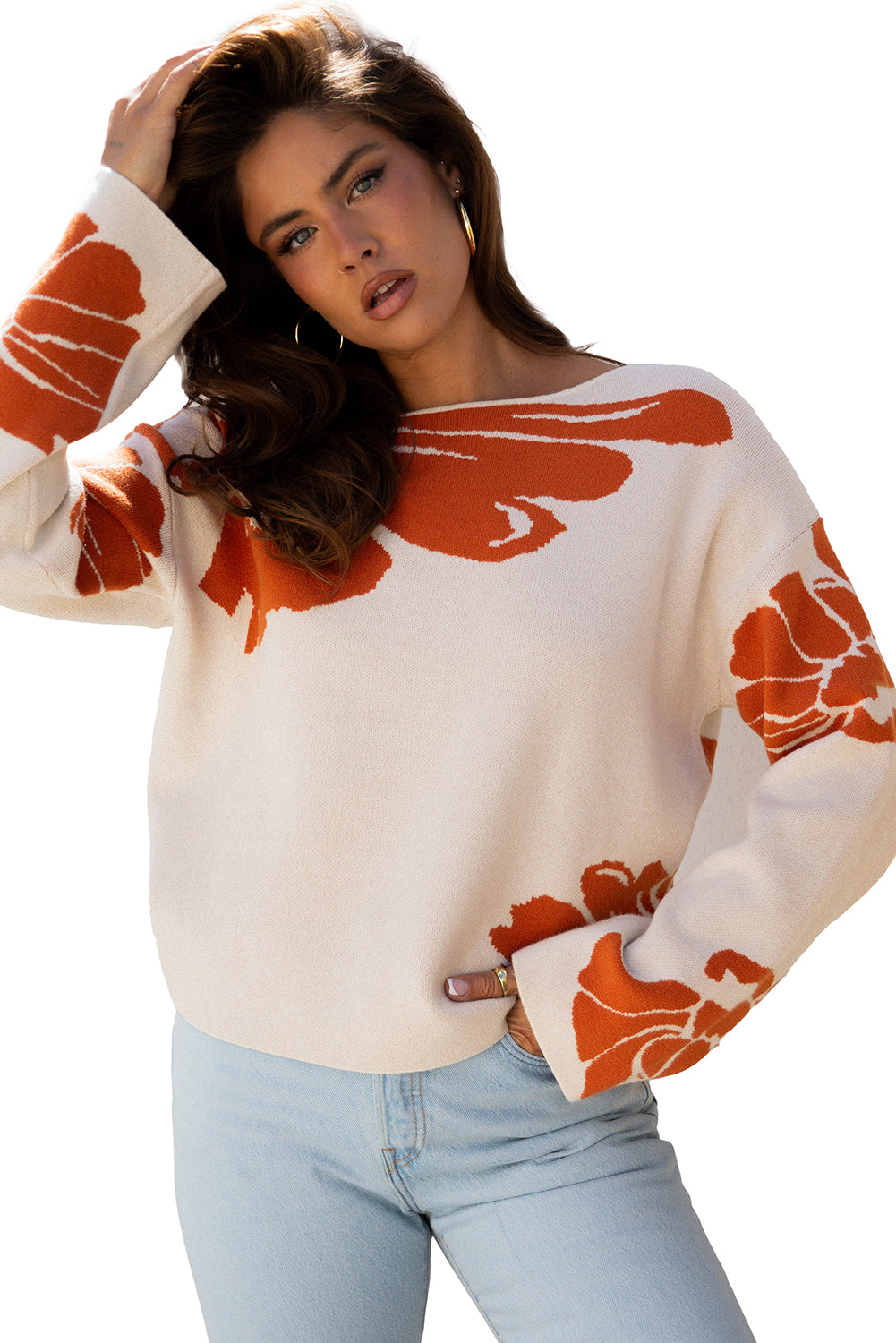 Stacey B's Beige Bold Flower Pattern Wide Sleeve Baggy Sweater