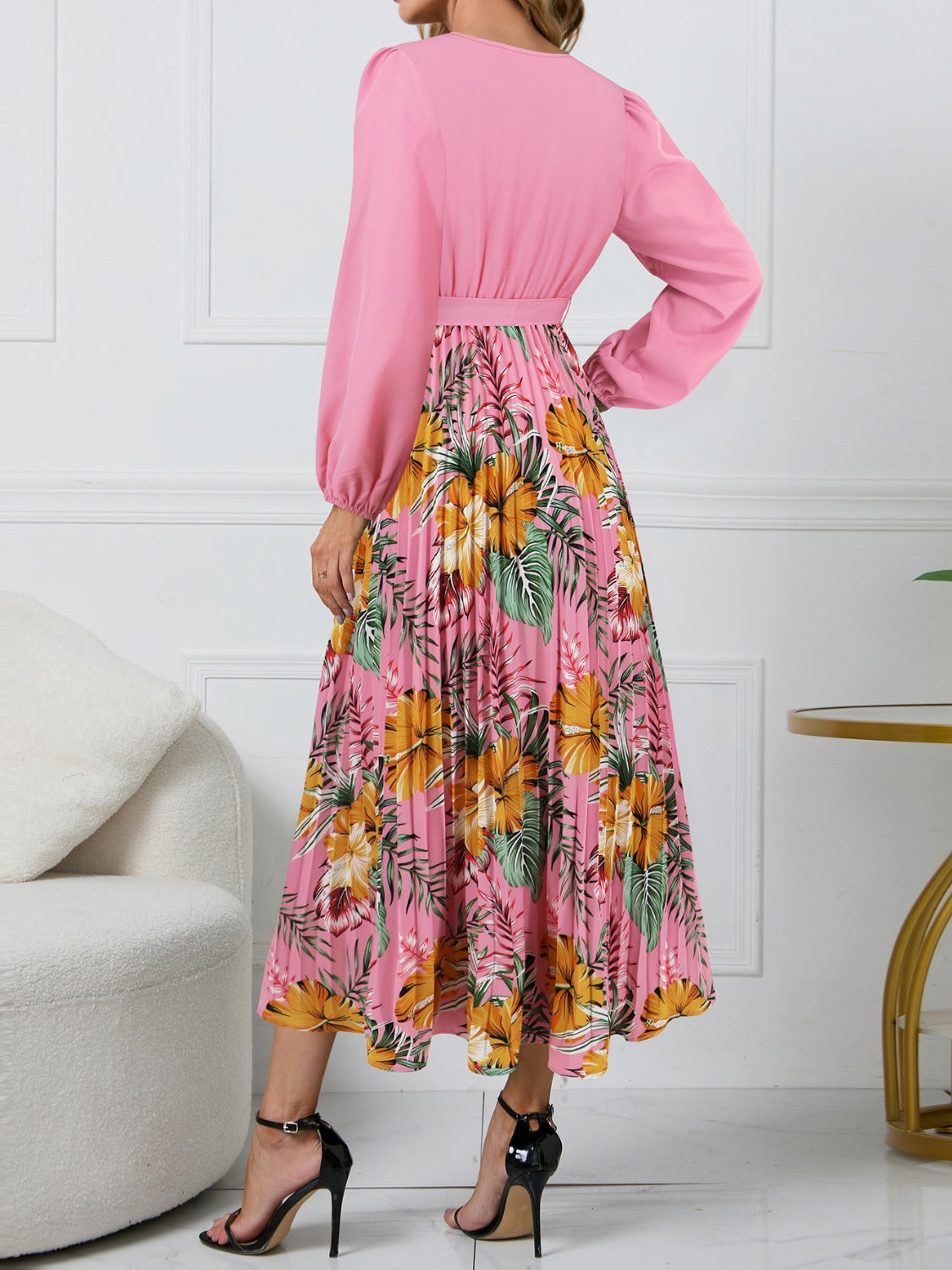Stacey B's Pleated Printed Surplice Long Sleeve Dress