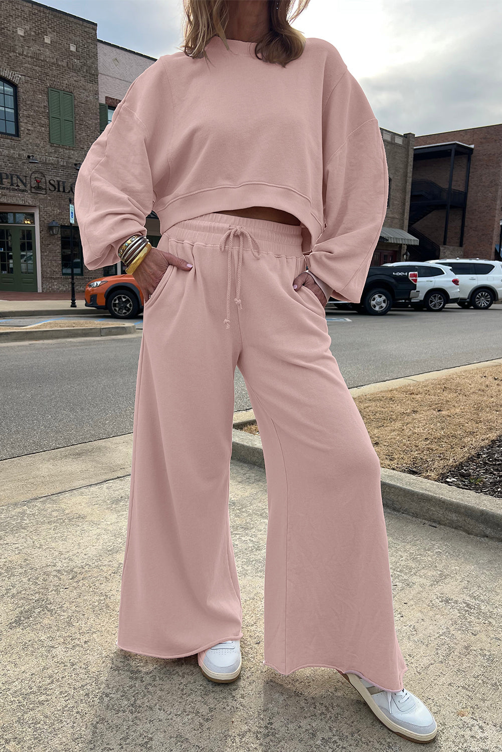 Stacey B's Bright Green Drop Shoulder Crop Pullover Drawstring Wide Leg Pants Set