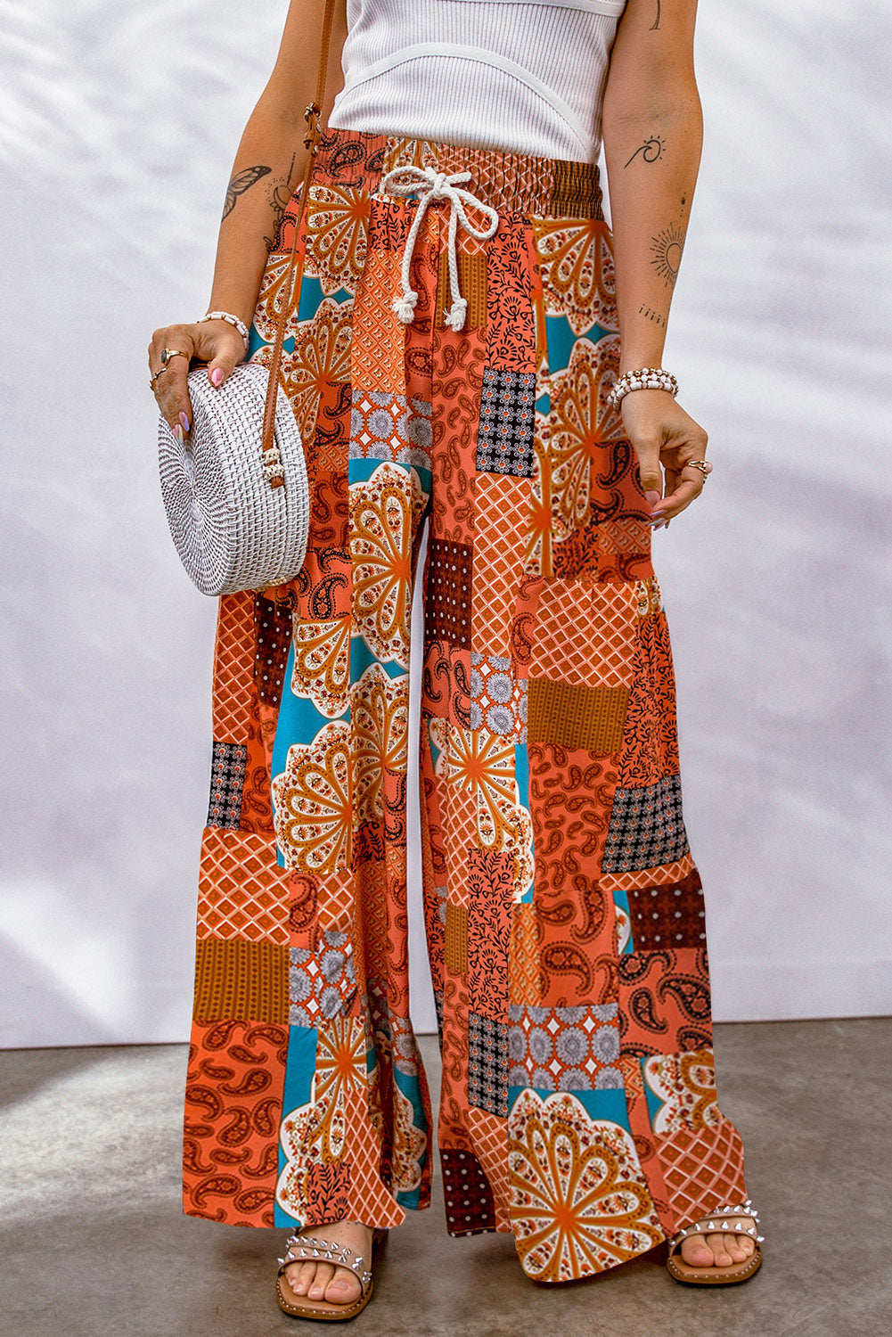 Stacey B's Bohemian Patchwork Drawstring Wide Leg Pants