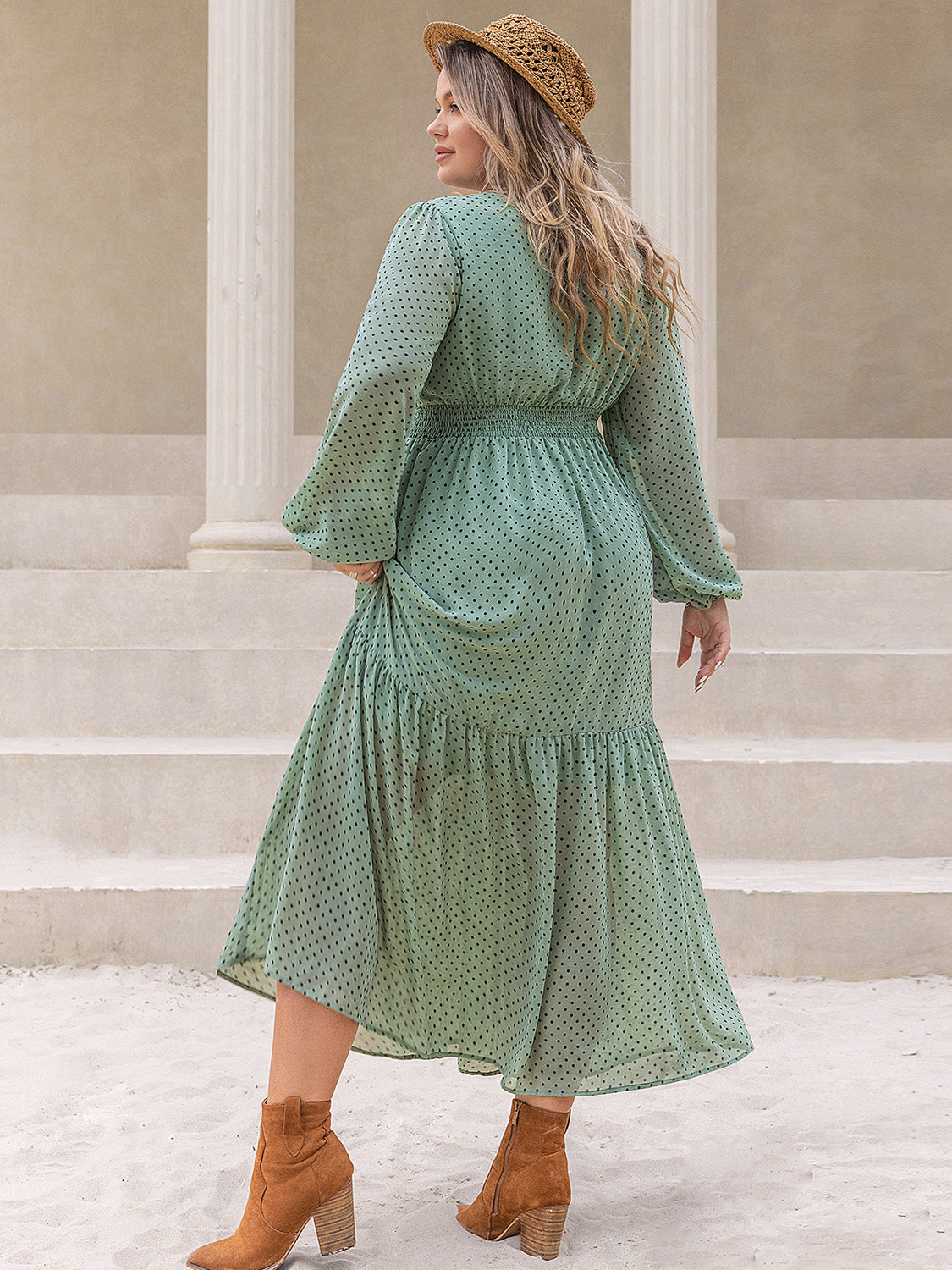 Stacey B's Tassel Printed Tie Neck Long Sleeve Midi Dress