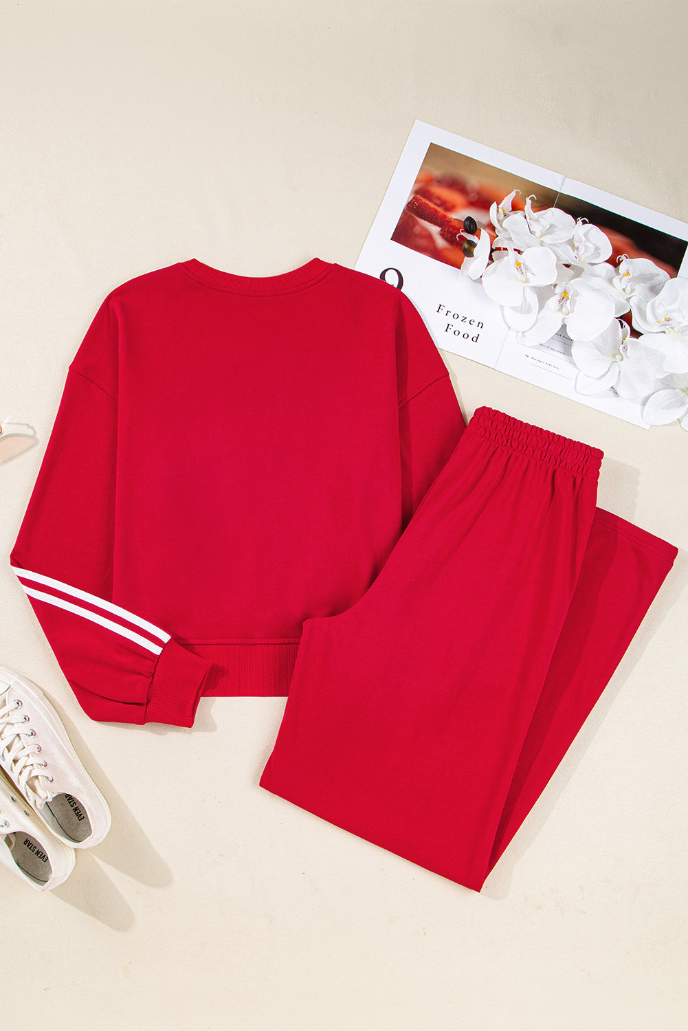 Stacey B's Fiery Red Varsity Striped Detail Cropped Pullover Wide Leg Pants 2pcs Outfit