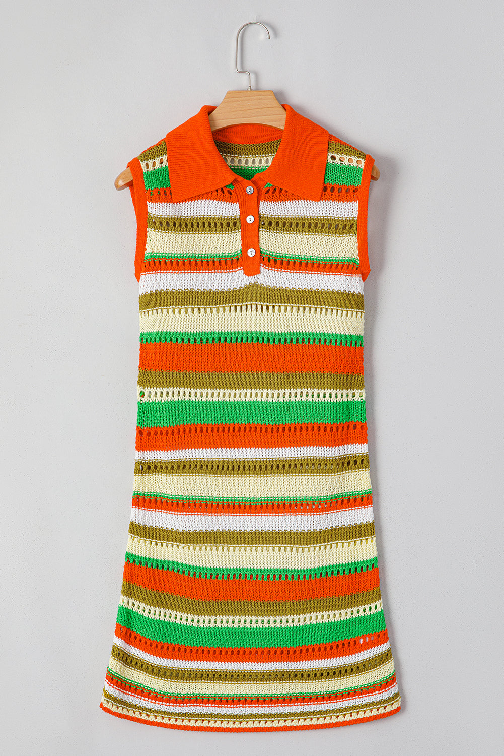 Stacey B's Yellow Stripe Eyelet Sleeveless Buttoned Split Neck Sweater Dress