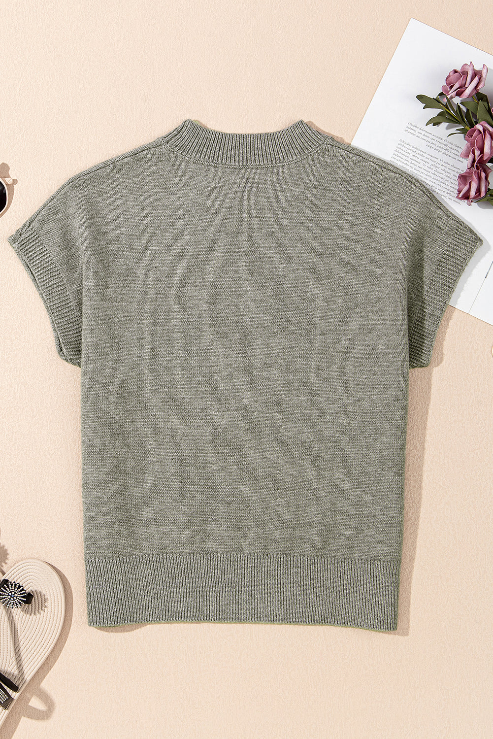 Stacey B's High Flower Pattern Ribbed Trim Short Sleeve Boxy Sweater