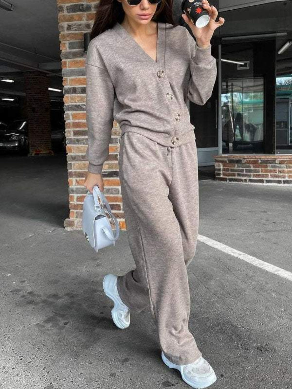 Stacey B's Full Size Button Up Long Sleeve Top and Pants Set