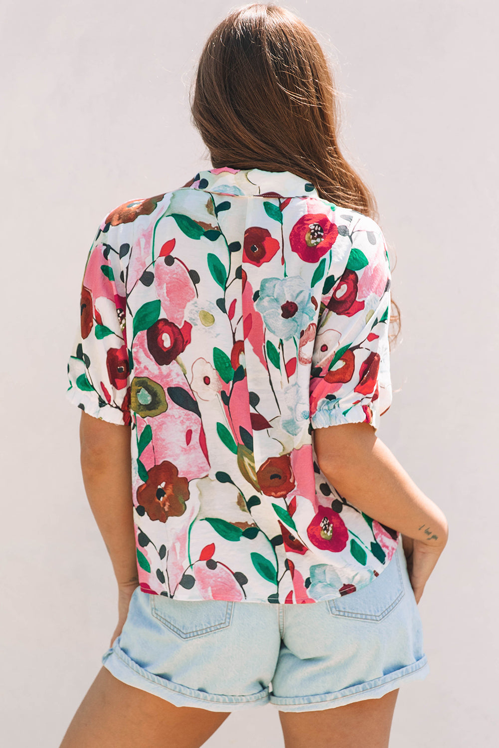 Stacey B's Pink Floral Print Slit V Neck Short Sleeve Blouse