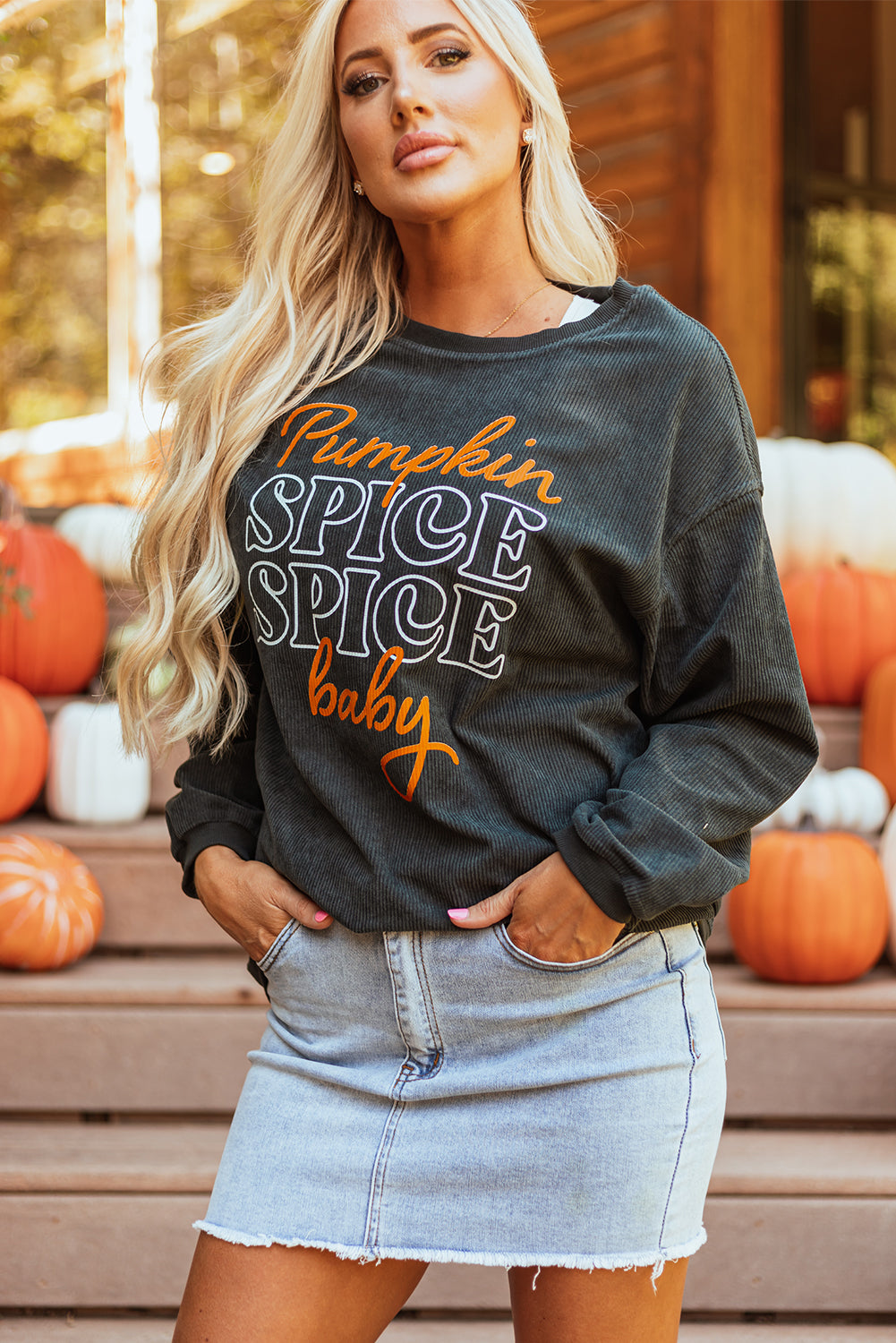 Stacey B's Dark Grey Halloween Pumpkin Spice Baby Graphic Textured Sweatshirt