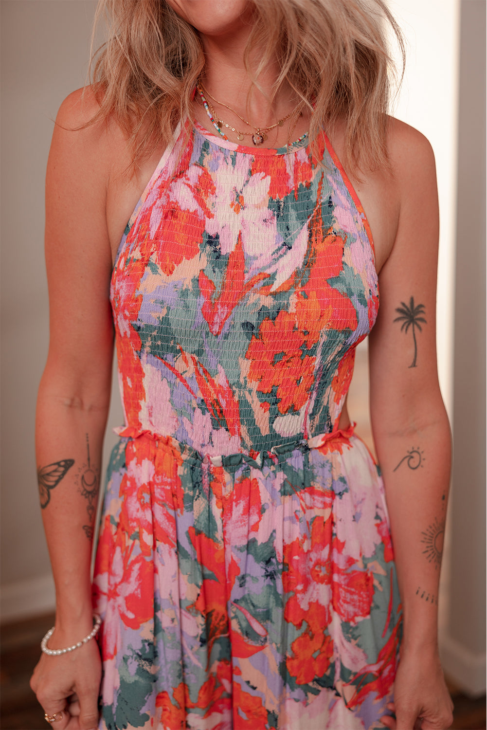 Stacey B's Multicolour Floral Print Smocked Halter Neck Sleeveless Wide Leg Jumpsuit