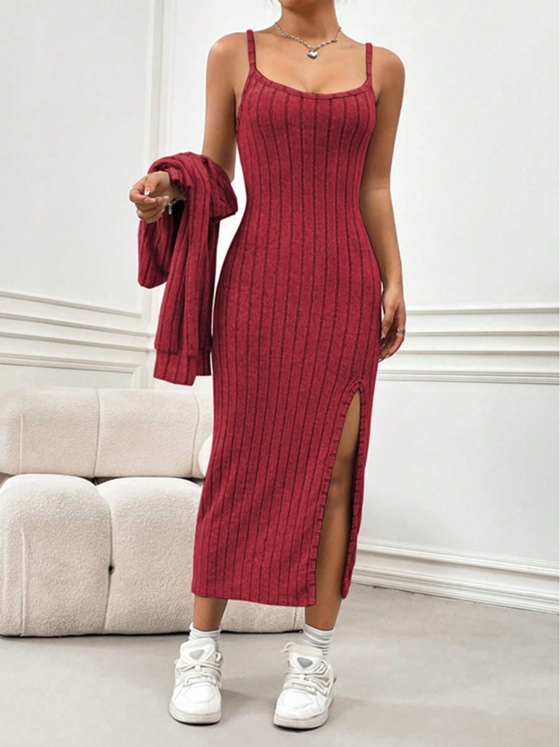 Stacey B's Ribbed Long Sleeve Cropped Cardigan and Slit Cami Dress Set