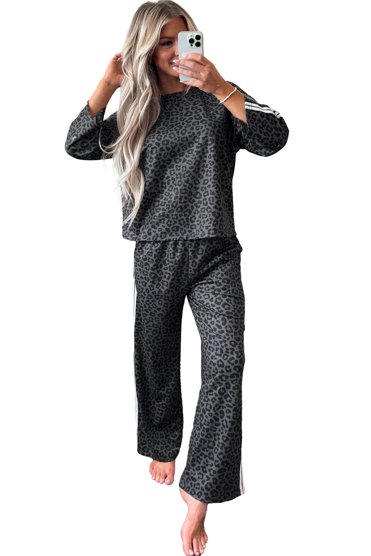 Stacey B's Gray Leopard Print Varsity Striped Detail 3/4 Sleeve Top Shift Pant Set