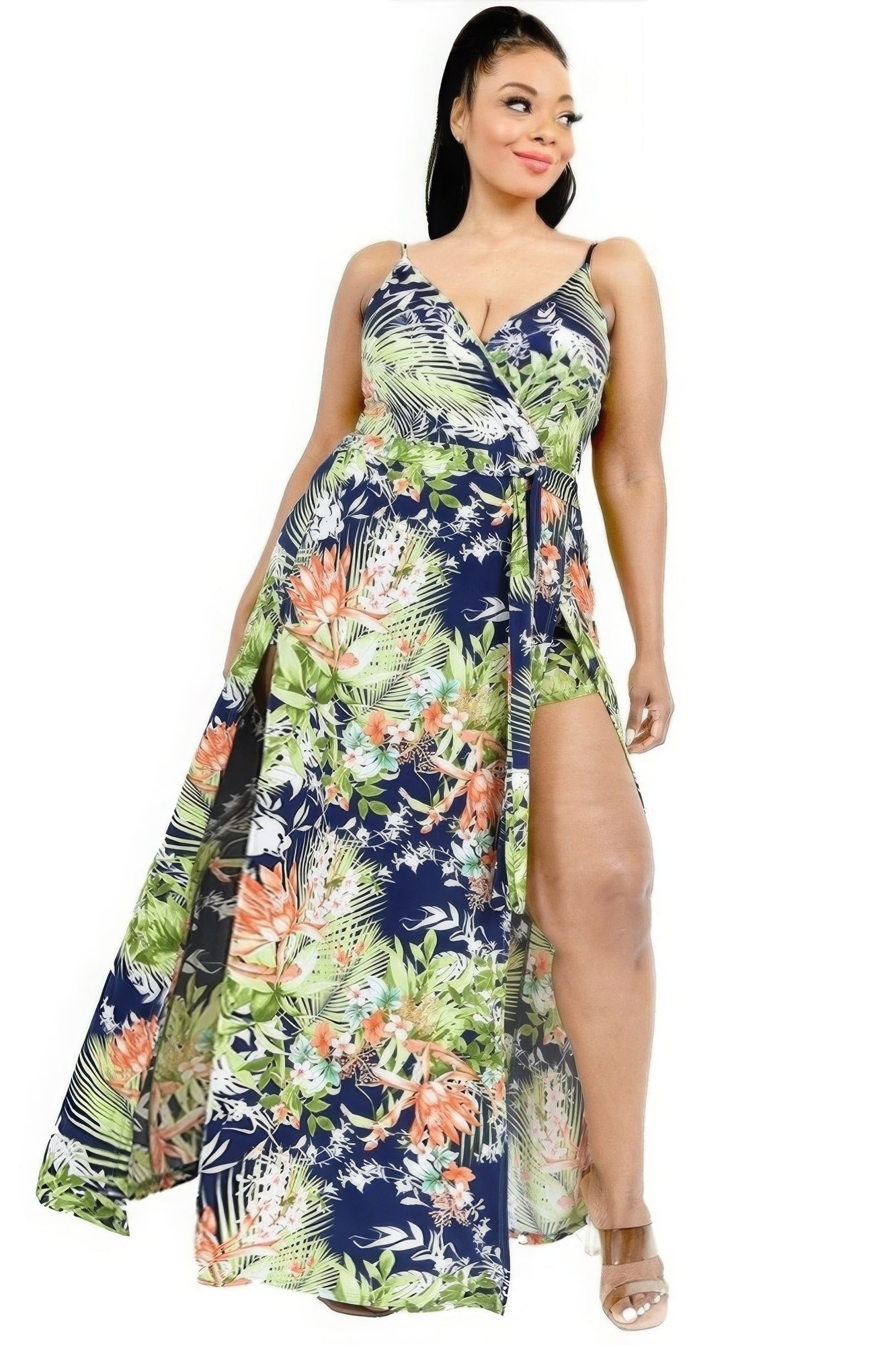 Stacey B's Plus Tropical Leaf Print Surplice Maxi Dress